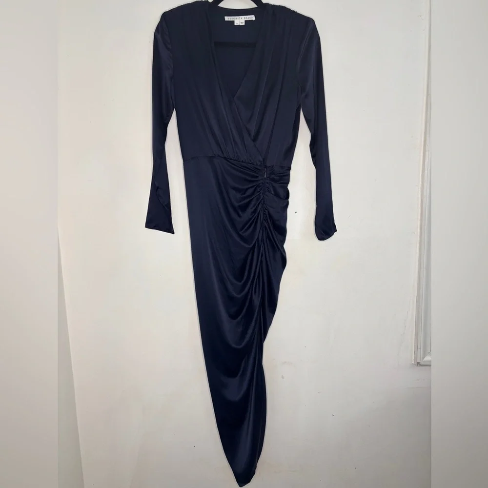 VERONICA BEARD CAMERI SILK RUCHED DRESS NAVY BLUE Size 00 XS Party Fall Wedding - Picture 5 of 12